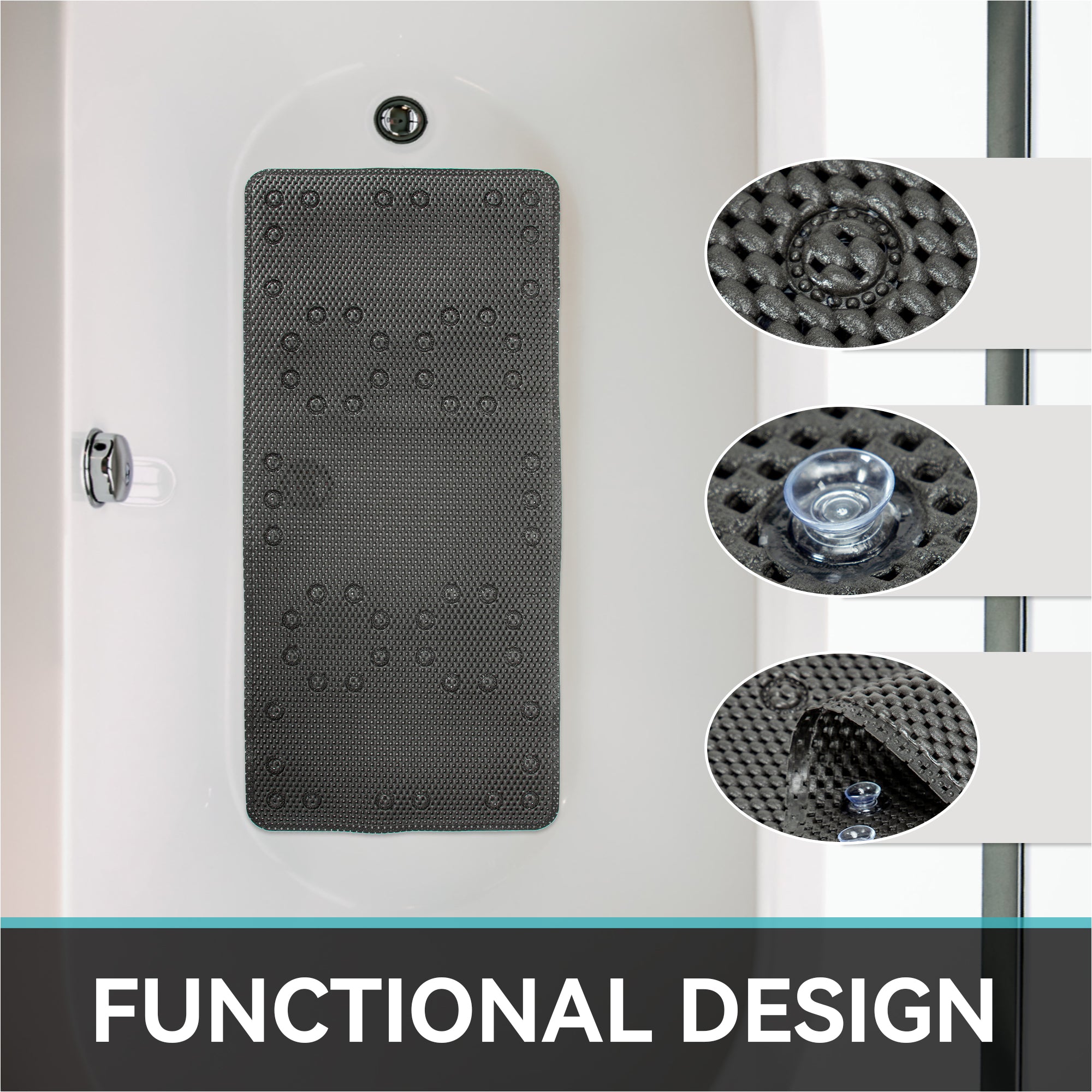 RAY STAR 17''X36'' Black Non Slip, Soft Foam Bathtub Mats Bath Mat with Drain Holes, Suction Cups
