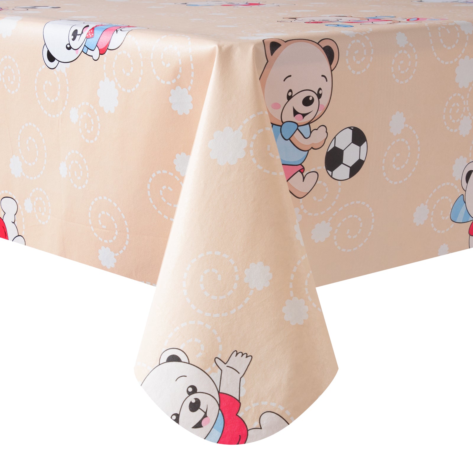 RAY STAR Classic Beige Teddy Bear Football Vinyl Tablecloth with Flannel Backing – Cute Kids Pattern, Waterproof & Easy Clean Oilcloth for Kitchen or Party Table
