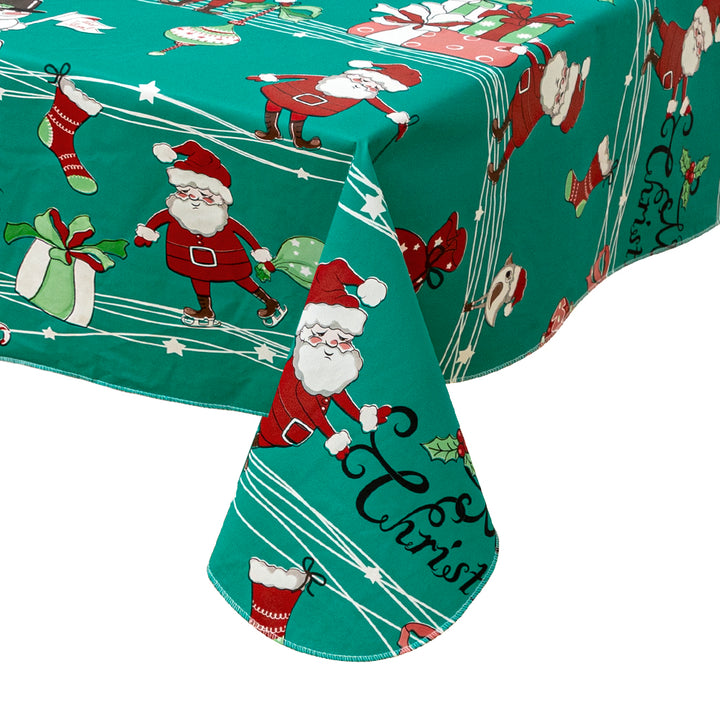 RAY STAR Christmas Santa and Snowman Green Tablecloth With Flannel Backing Round and Rectangle