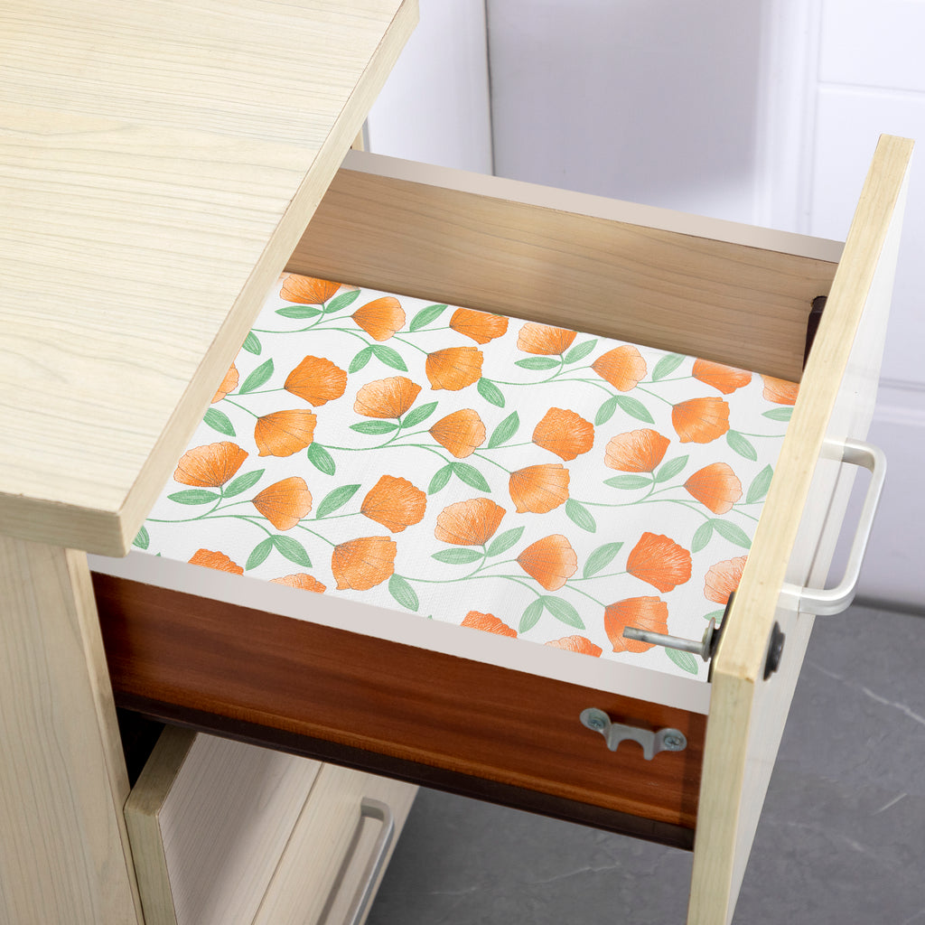 RAY STAR Four Leaf Clover Design Grip Shelf Liner Non Adhesive, Strong Grip Bottom, Easy Clean Kitchen Drawer, Cabinet, Cupboard Dresser Protector Cover（Orange Ginkgo Leaves)