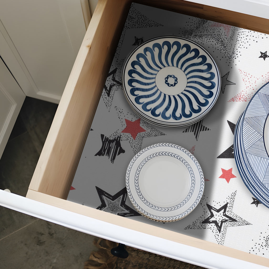 RAY STAR Grip Shelf Liner Non Adhesive, Easy Clean Kitchen Drawer, Cabinet, Cupboard Dresser Protector Cover（Retro Beautiful Stars)