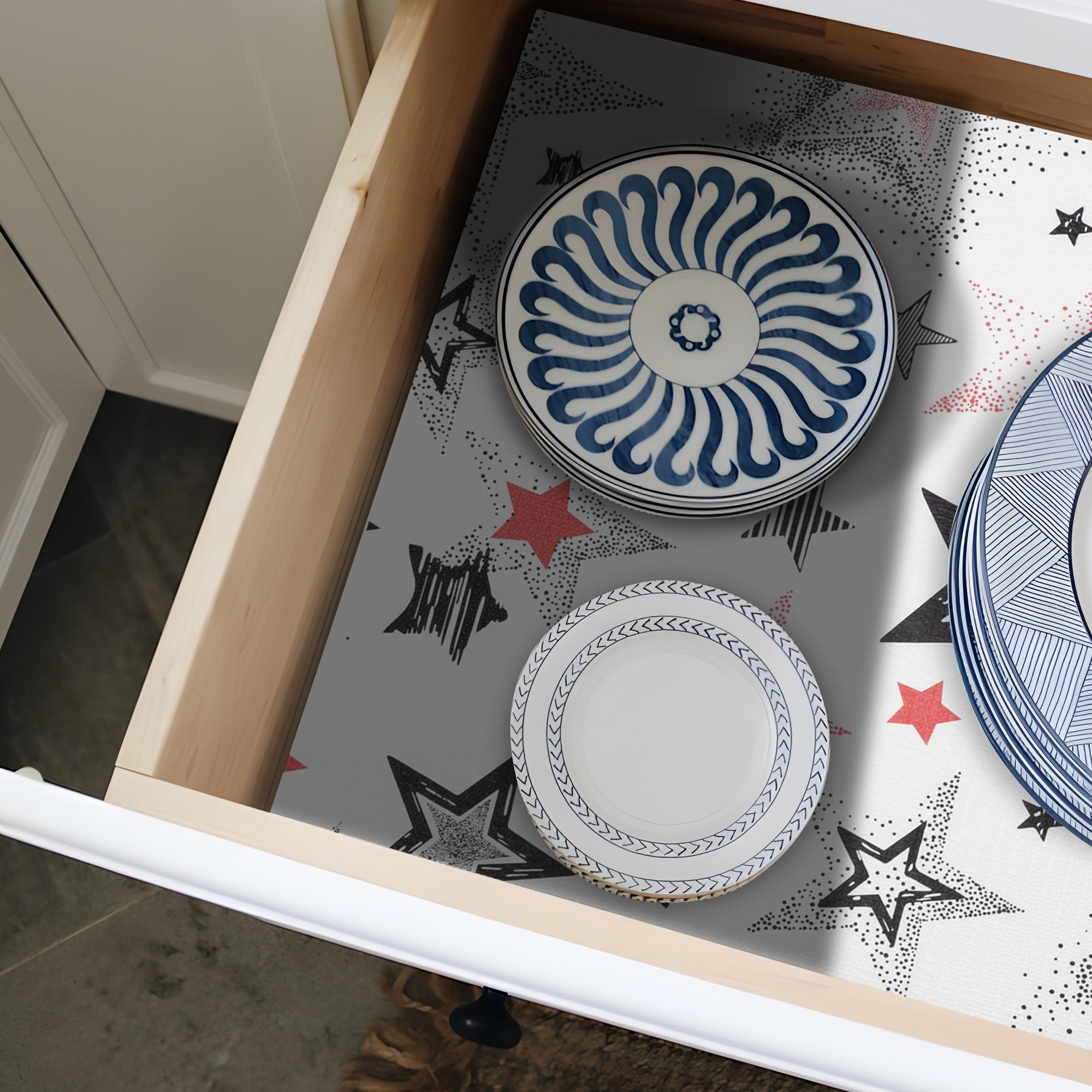 RAY STAR Grip Shelf Liner Non Adhesive, Easy Clean Kitchen Drawer, Cabinet, Cupboard Dresser Protector Cover（Retro Beautiful Stars)