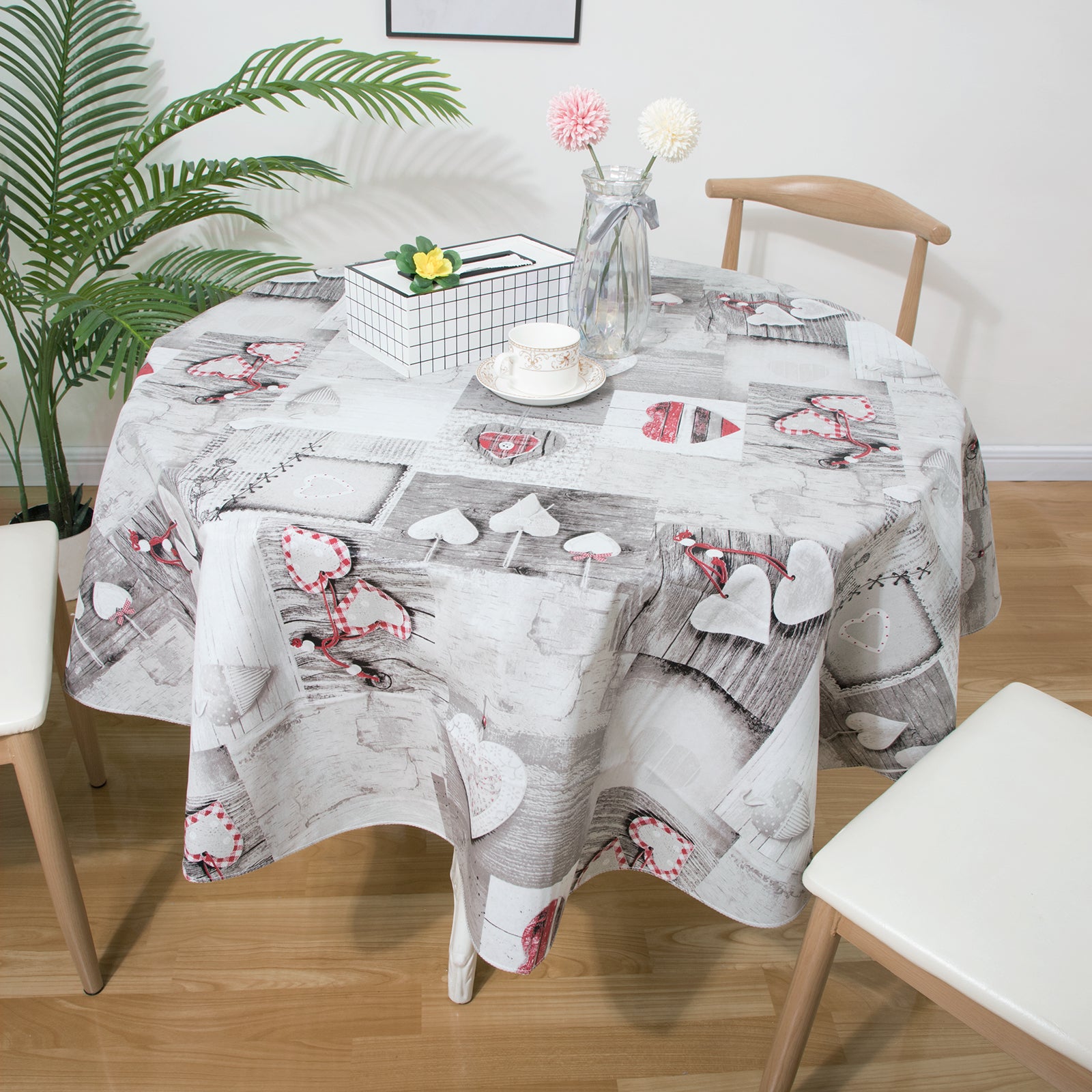 RAY STAR Valentine's Day special Heart Design Vinyl Tablecloth With Flannel Backing Round and Rectangle