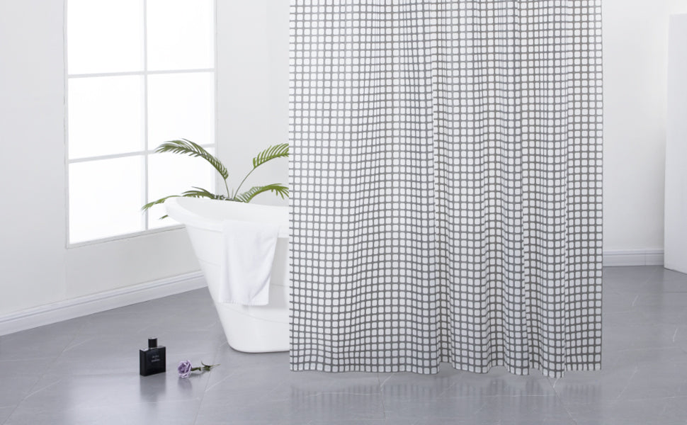 RAY STAR 70''X72'' PEVA Shower Curtain Liner 12 Hooks Heavy Duty Odorless Eco-Friendly Grey White Box Design