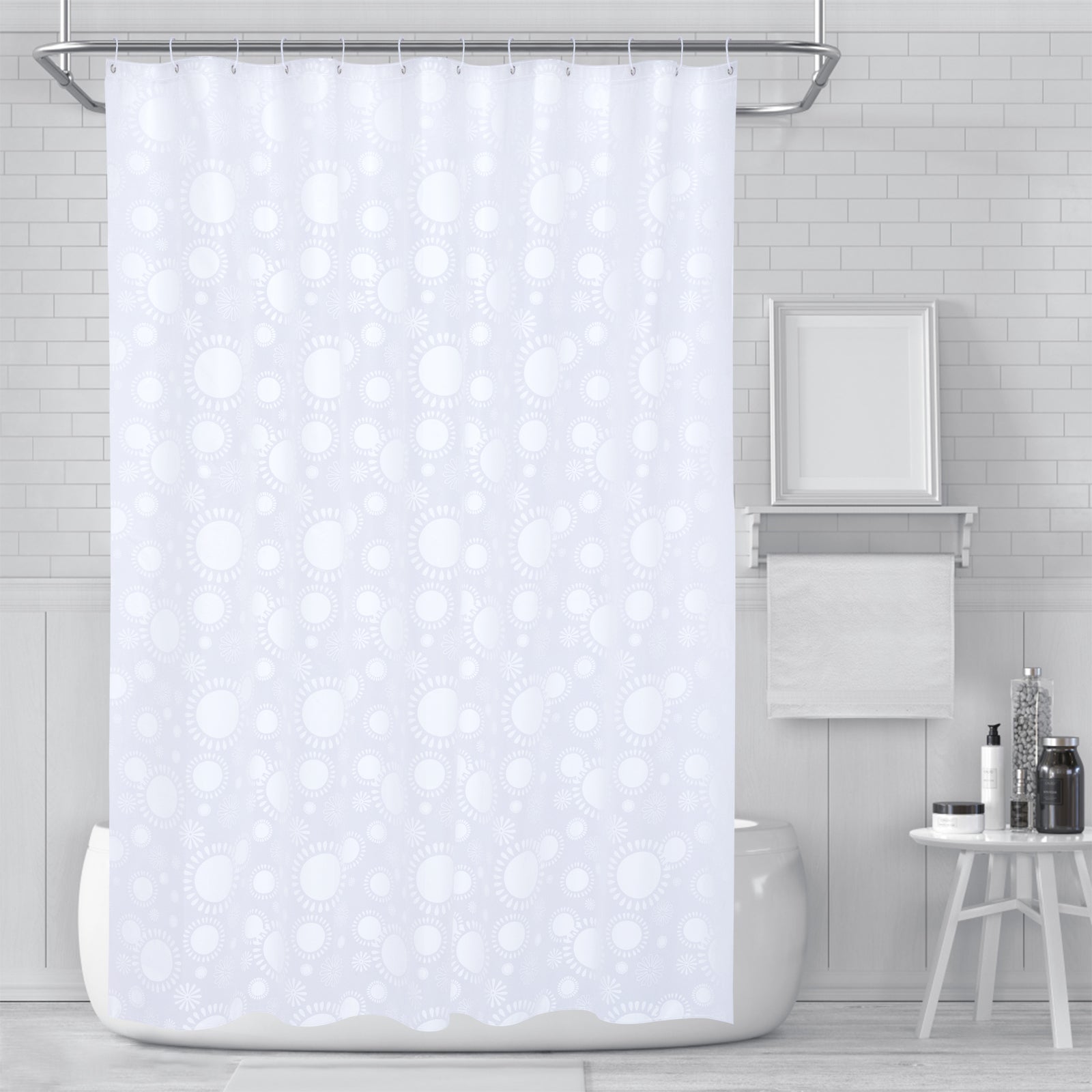 RAY STAR 70''X72'' PEVA Shower Curtain Liner 12 Hooks Heavy Duty Odorless Eco-Friendly White Flower