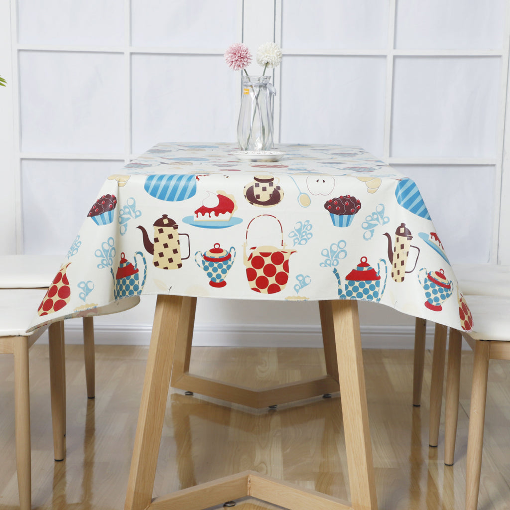 RAY STAR Cartoon Teapot Design Vinyl Tablecloth – Waterproof & Stain Resistant with Flannel Backing