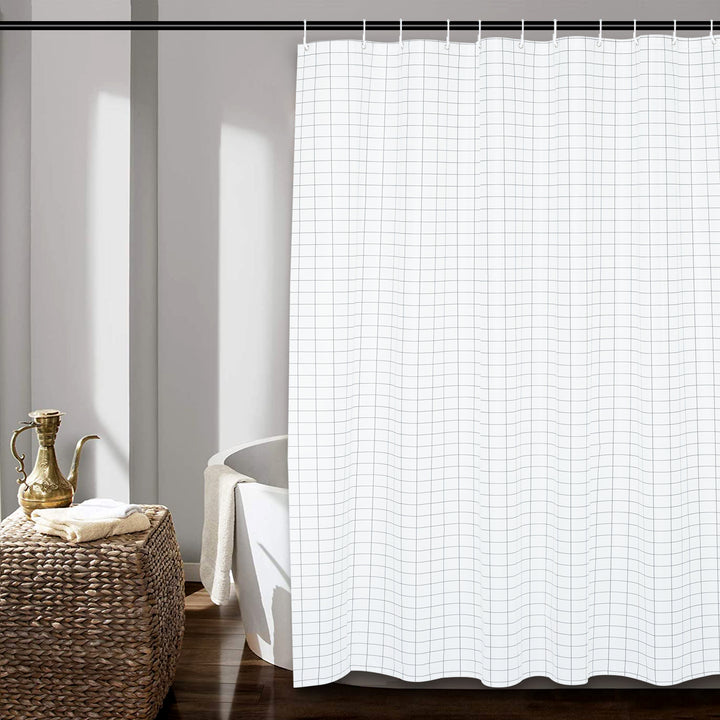 RAY STAR 70''X72'' PEVA Shower Curtain Liner 12 Hooks Heavy Duty Odorless Eco-Friendly White Checkered Design