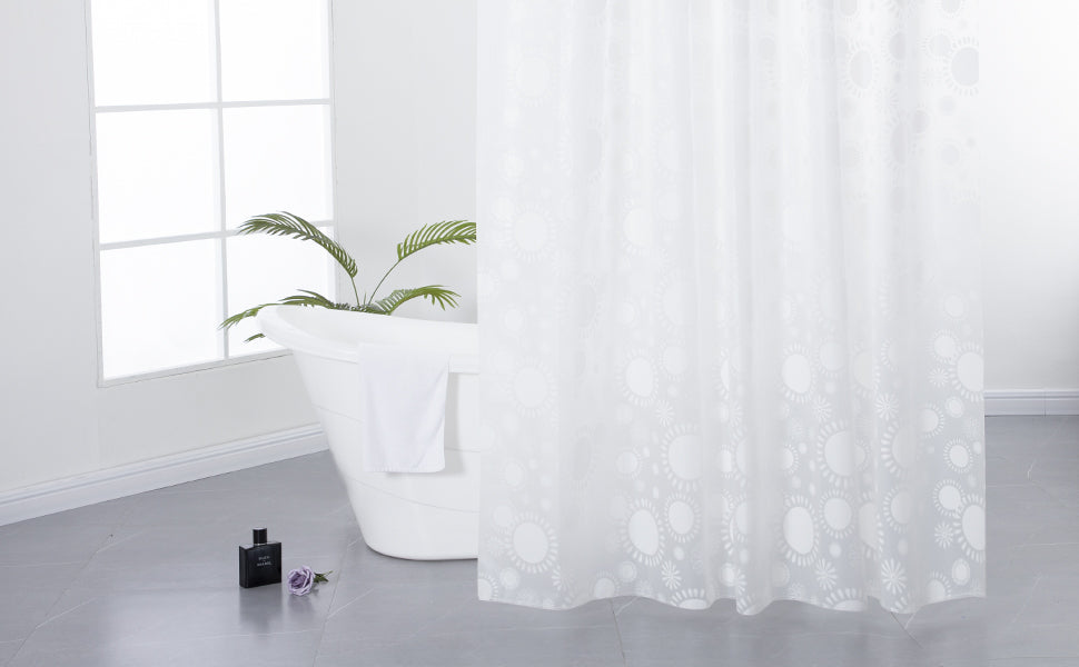 RAY STAR 70''X72'' PEVA Shower Curtain Liner 12 Hooks Heavy Duty Odorless Eco-Friendly White Flower