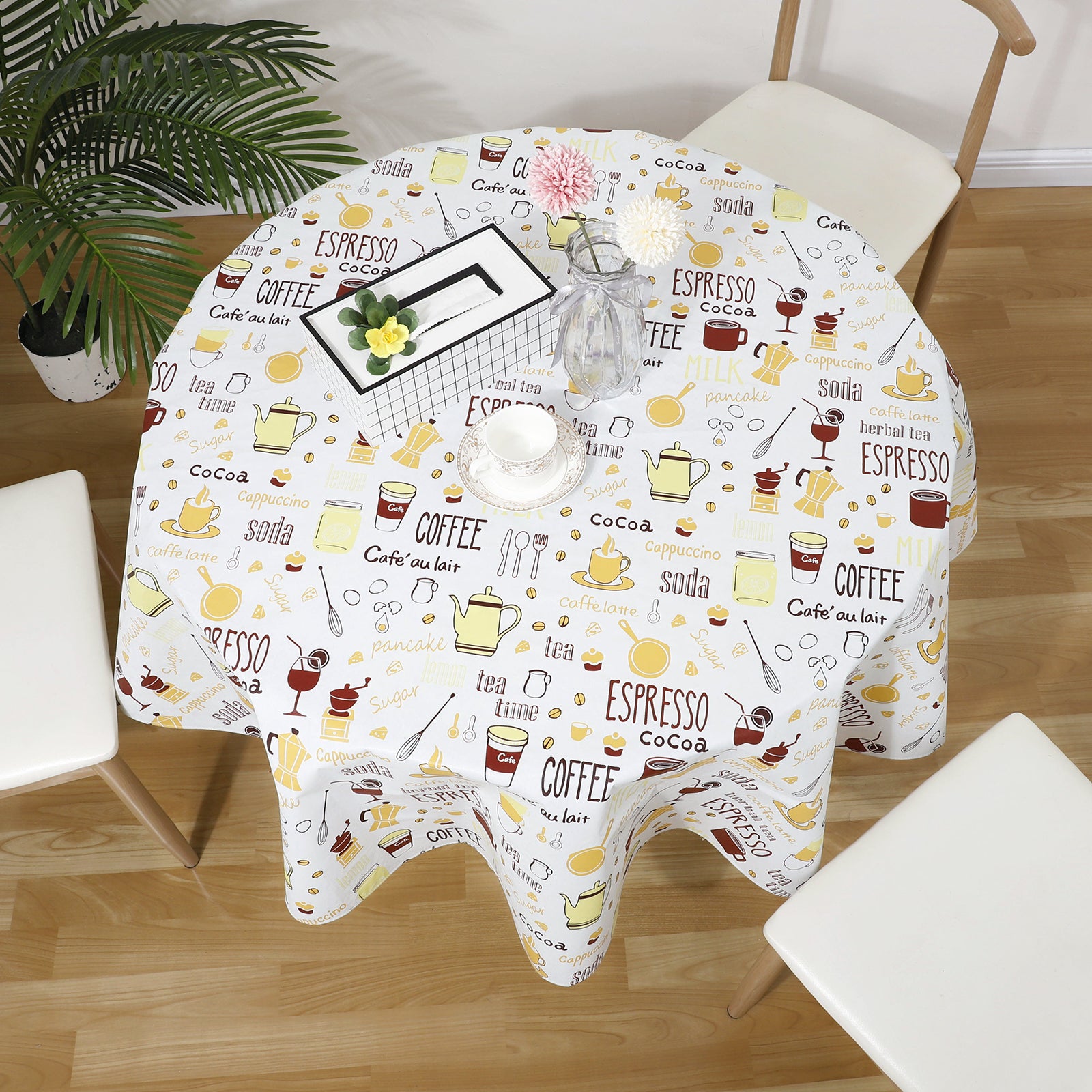 RAY STAR Coffee-Themed Teapot Design Vinyl Tablecloth With Flannel Backing Round and Rectangle