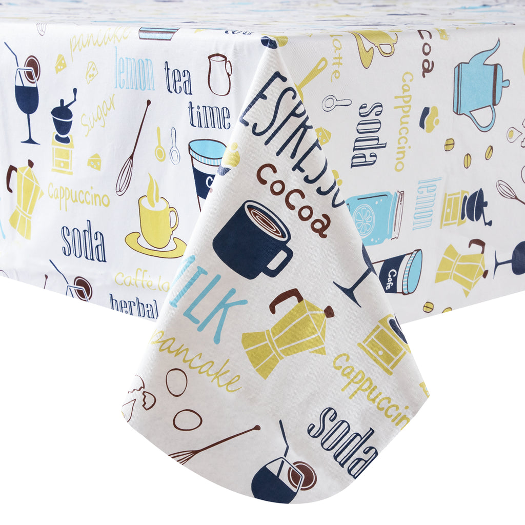 RAY STAR Coffee Delight Tablecloth Teapot Design Vinyl Tablecloth With Flannel Backing Round and Rectangle
