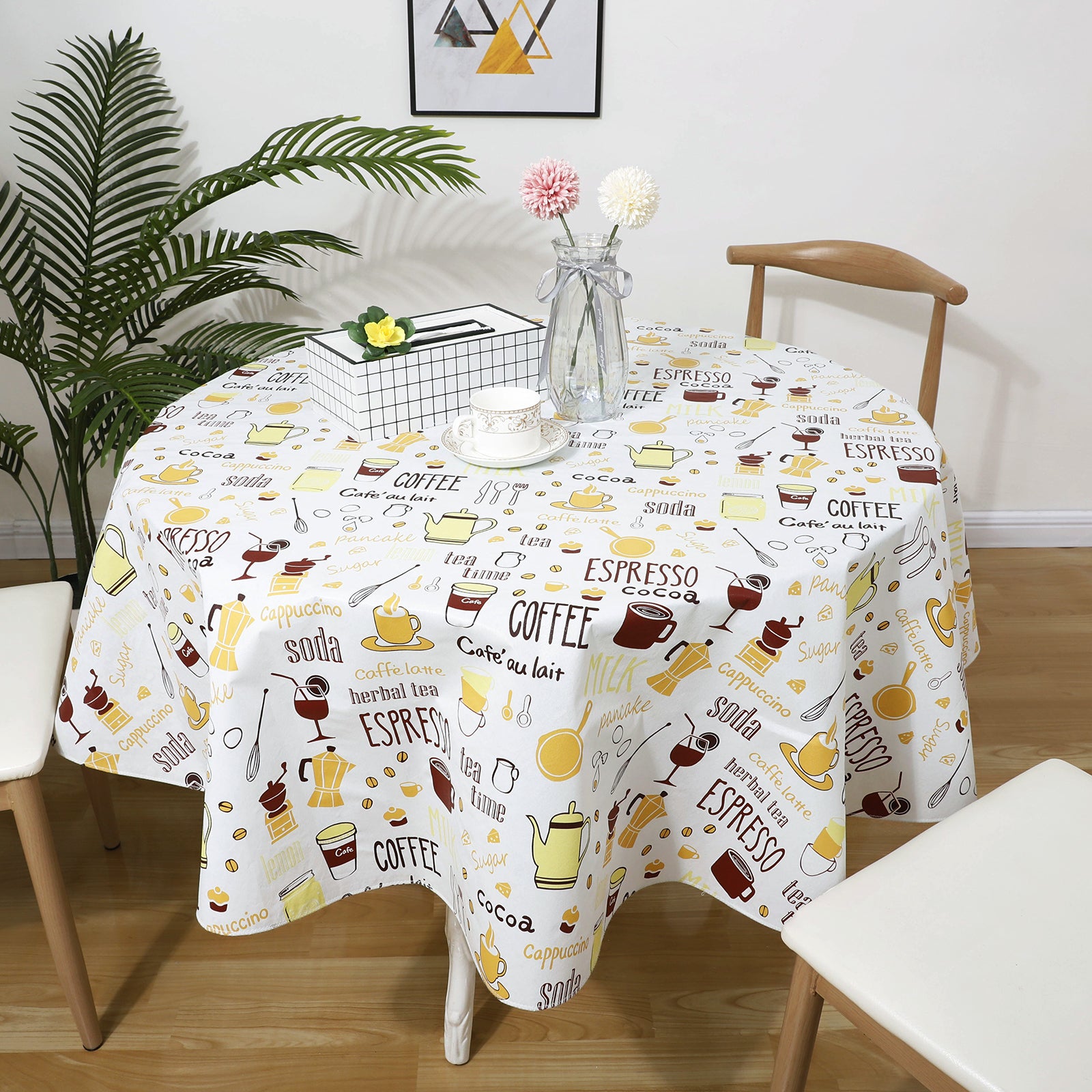 RAY STAR Coffee-Themed Teapot Design Vinyl Tablecloth With Flannel Backing Round and Rectangle