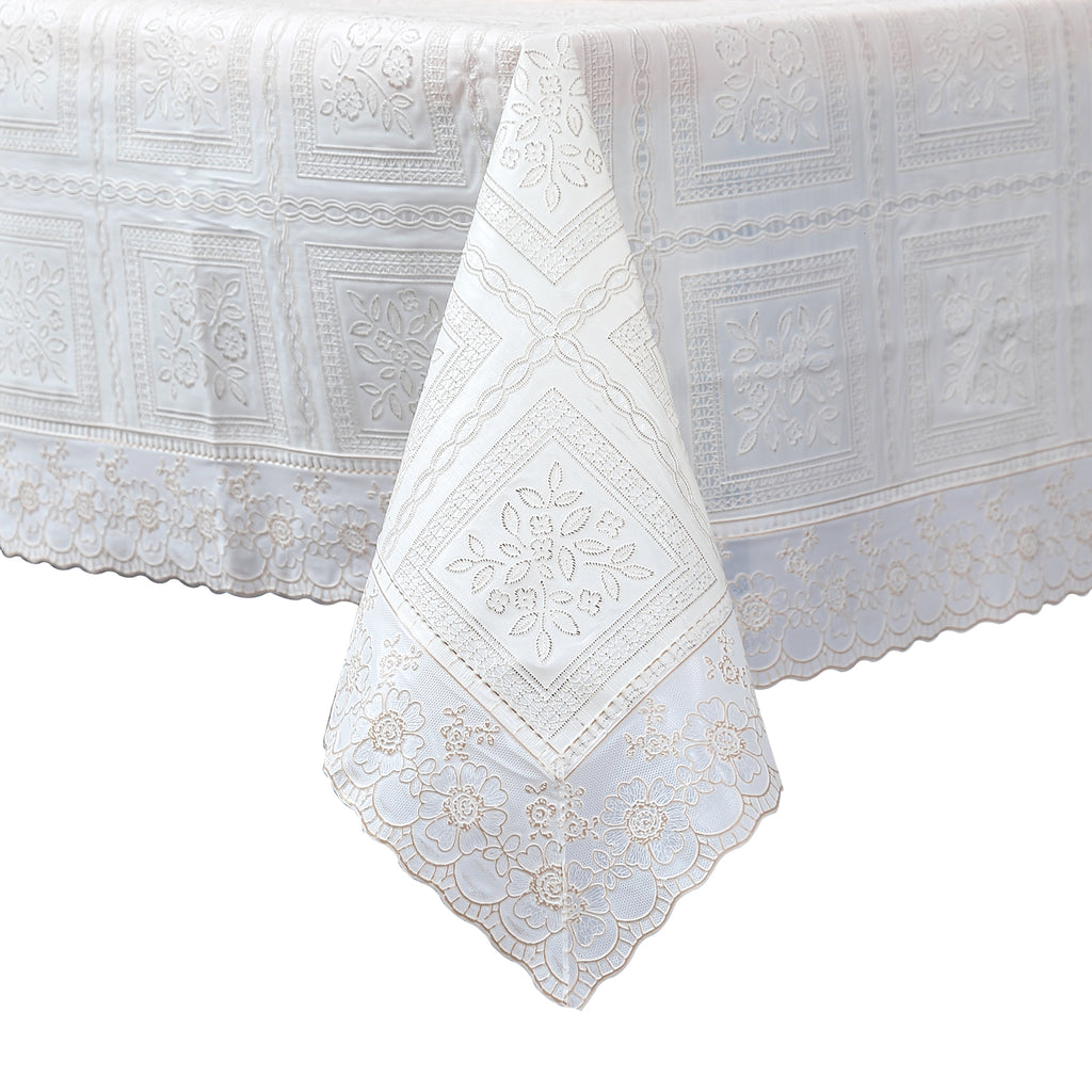 RAY STAR Classic White Lace Vinyl Tablecloth With Flannel Backing Round and Rectangle