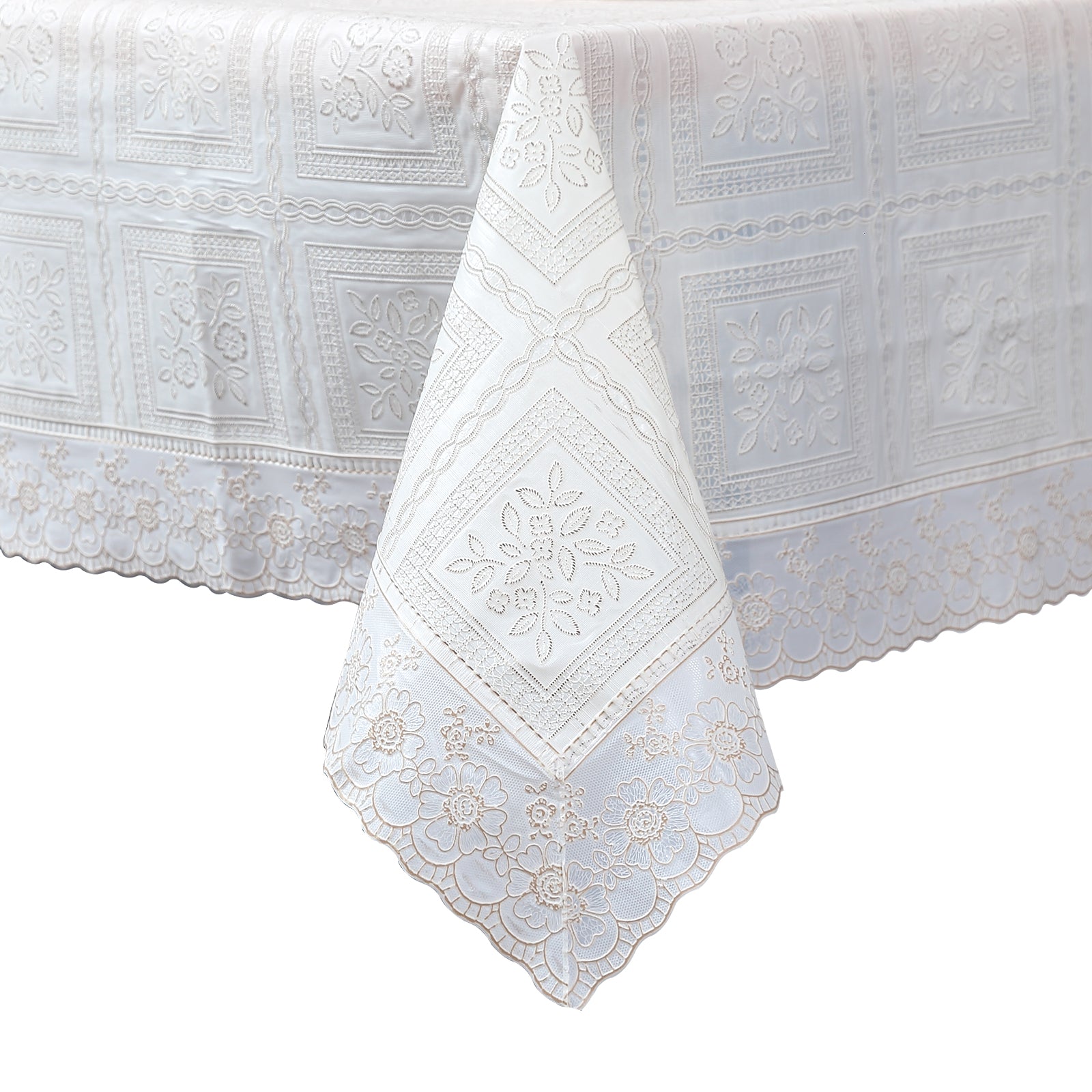 RAY STAR Classic White Lace Vinyl Tablecloth With Flannel Backing Round and Rectangle
