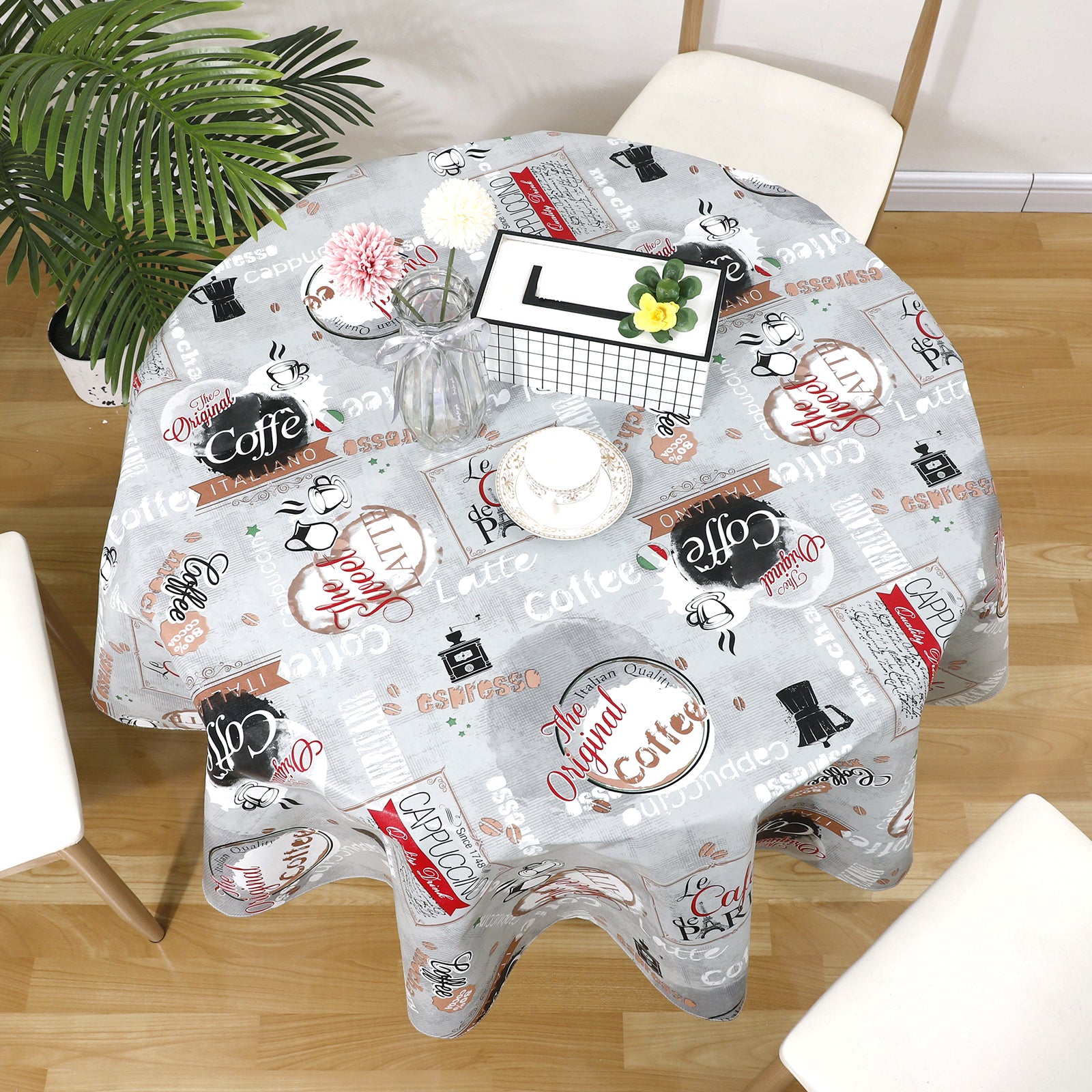 RAY STAR Coffee Store Design Vinyl Tablecloth With Flannel Backing Round and Rectangle