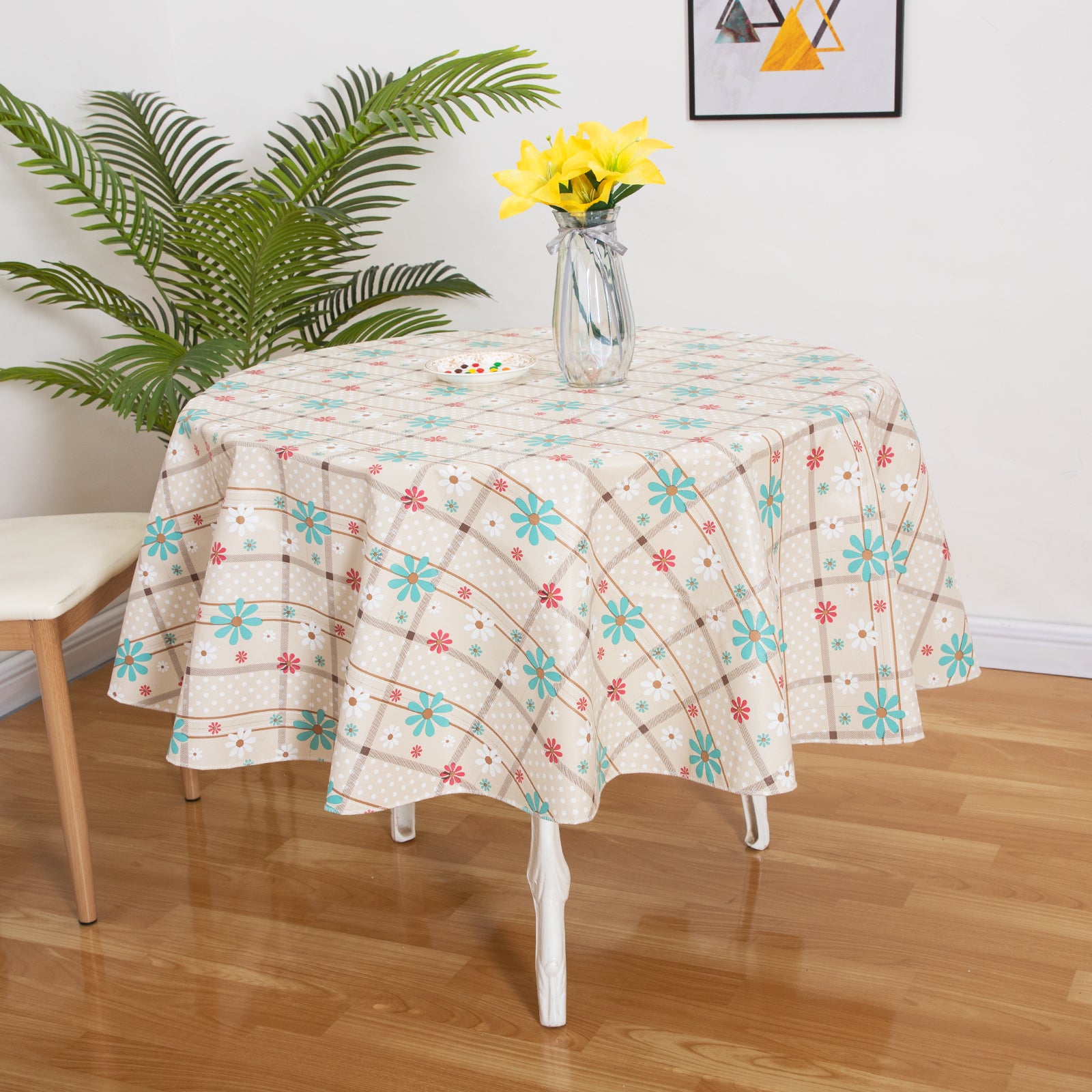 RAY STAR colorful Spring Blossom Design Vinyl Tablecloth With Flannel Backing Round and Rectangle