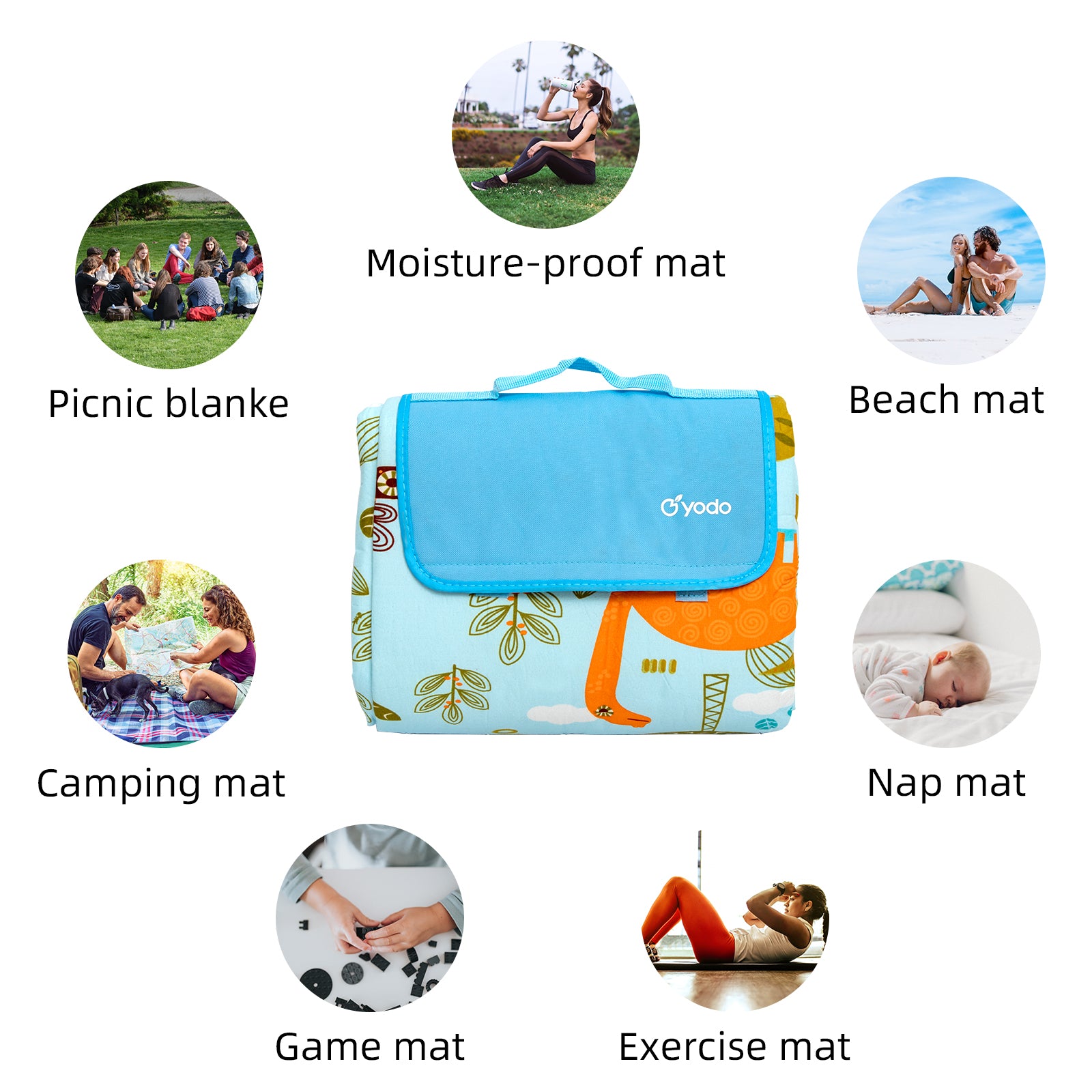 RAY STAR 79''X79'' Dinosaur Picnic Blanket Sandproof Waterproof Large Mat for Beach, Travel, Camping Machine Washable, Foldable