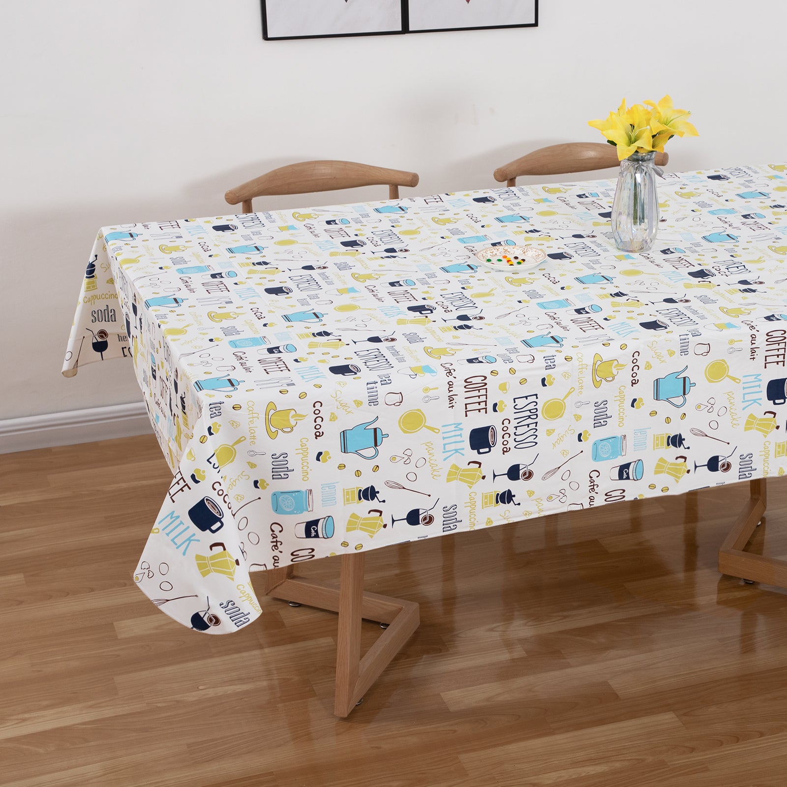 RAY STAR Coffee Delight Tablecloth Teapot Design Vinyl Tablecloth With Flannel Backing Round and Rectangle