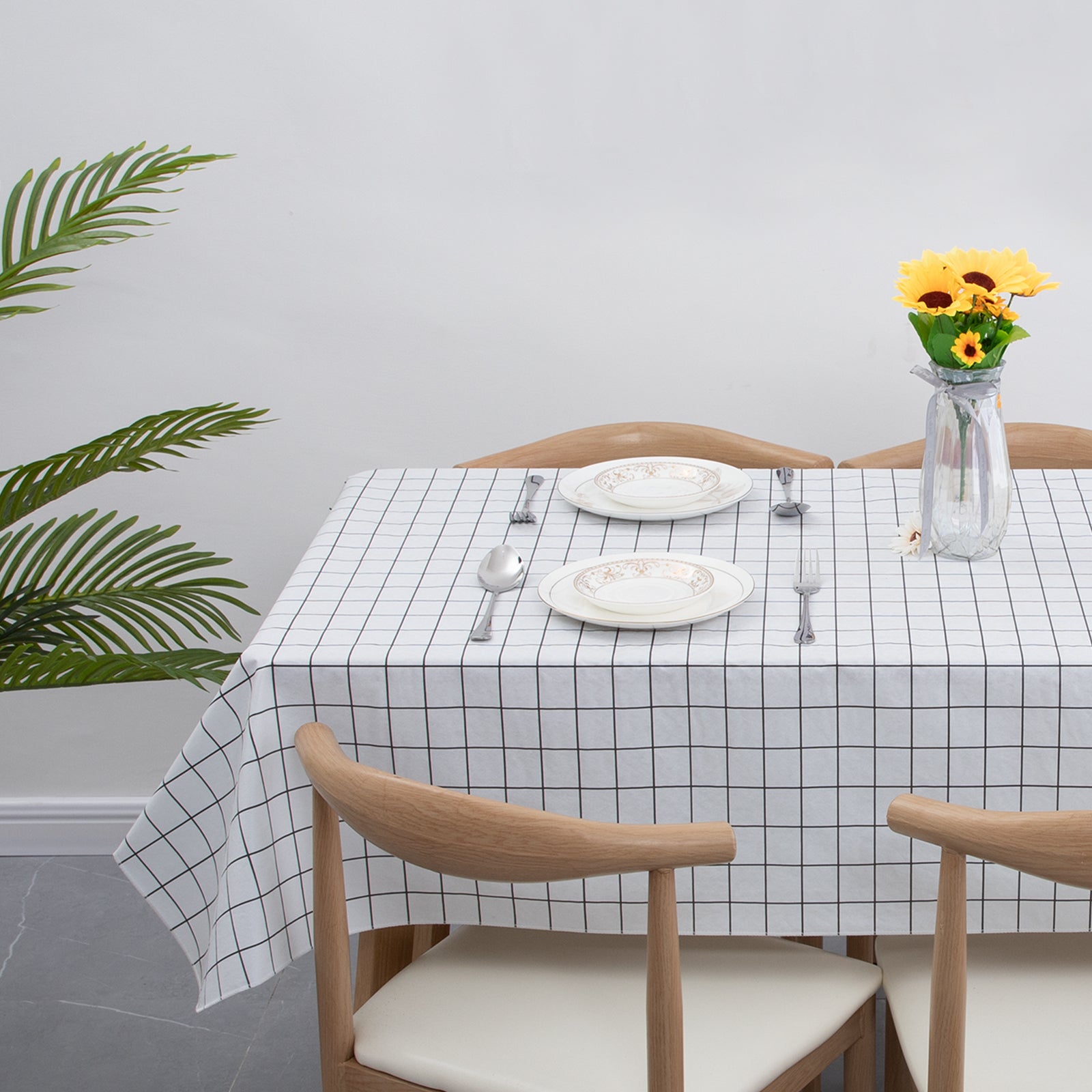 RAY STAR White Checked Tablecloth With Flannel Backing Round and Rectangle