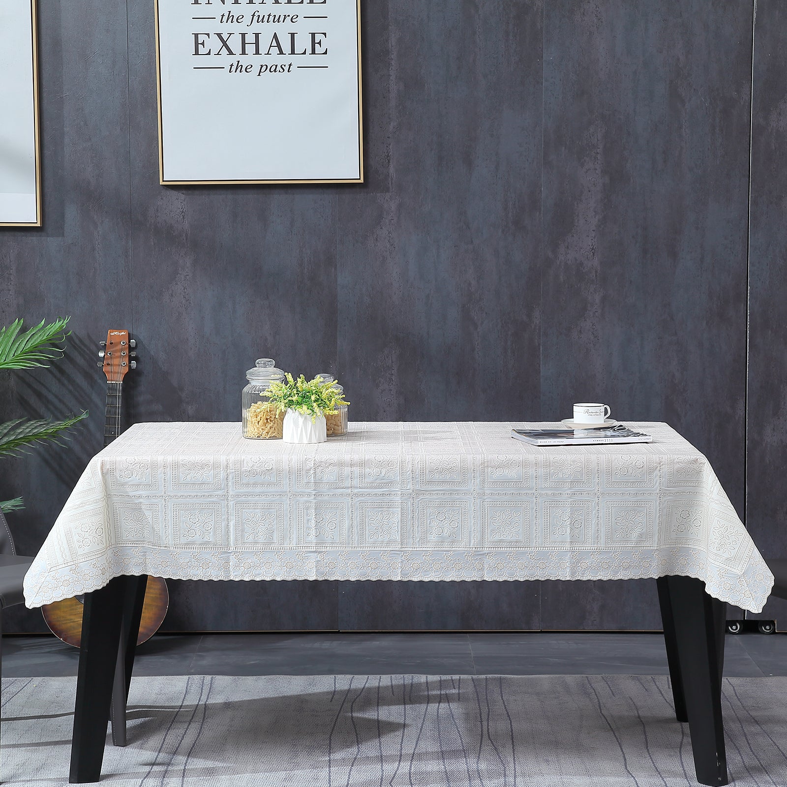 RAY STAR Classic White Lace Vinyl Tablecloth With Flannel Backing Round and Rectangle