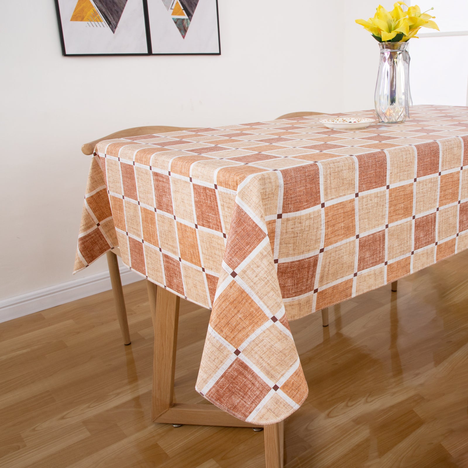 RAY STAR Orange Checkered Design Vinyl Tablecloth With Flannel Backing Round and Rectangle