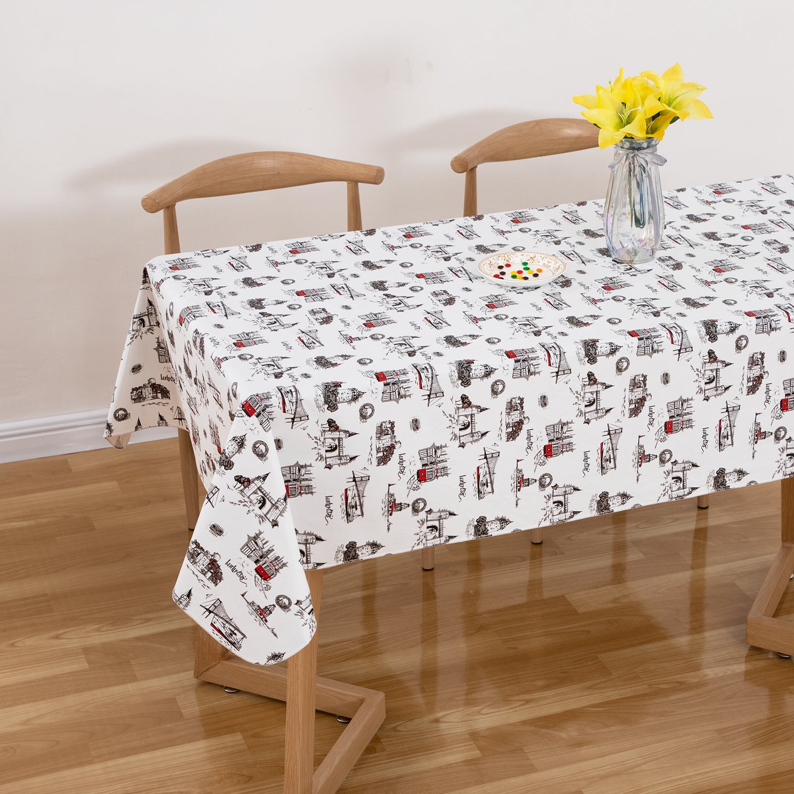 RAY STAR Vintage Castle Design Vinyl Tablecloth With Flannel Backing Round and Rectangle