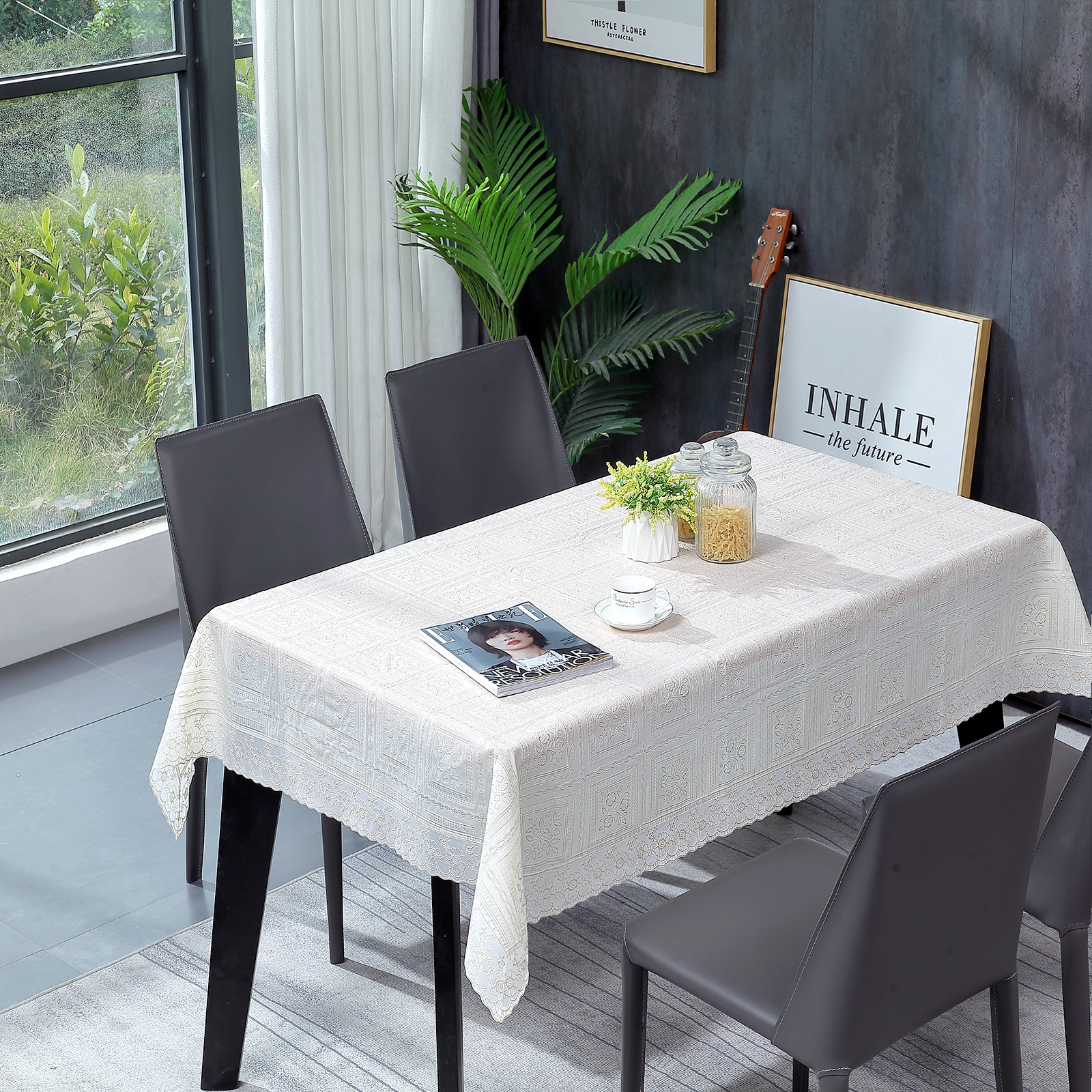 RAY STAR Classic White Lace Vinyl Tablecloth With Flannel Backing Round and Rectangle