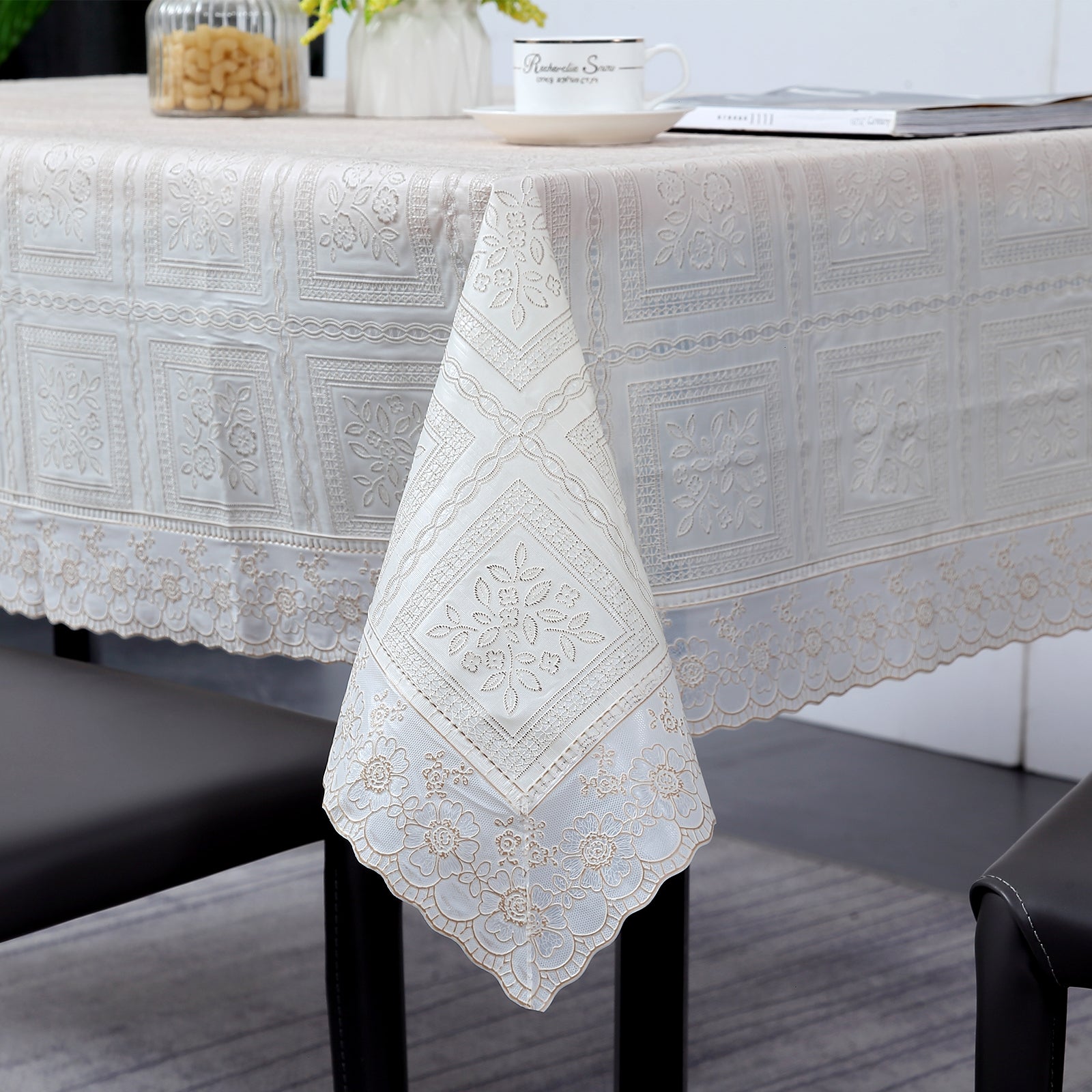 RAY STAR Classic White Lace Vinyl Tablecloth With Flannel Backing Round and Rectangle