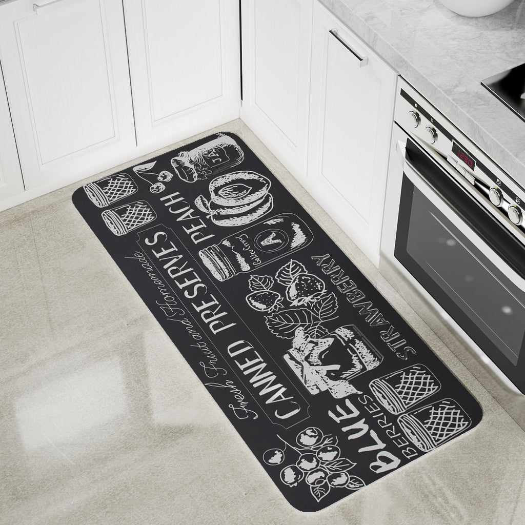 Vinyl Foam Kitchen Mat with Canned Food Black & White Modern Design