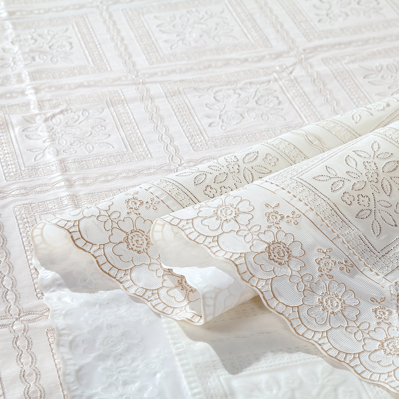 RAY STAR Classic White Lace Vinyl Tablecloth With Flannel Backing Round and Rectangle