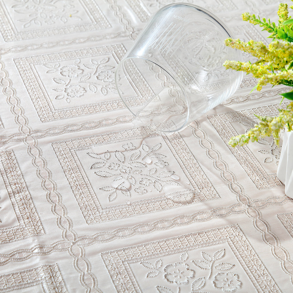 RAY STAR Classic White Lace Vinyl Tablecloth With Flannel Backing Round and Rectangle
