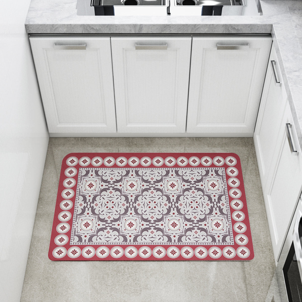 Vinyl Foam Kitchen Mat with Sophisticated Carpet Design Red