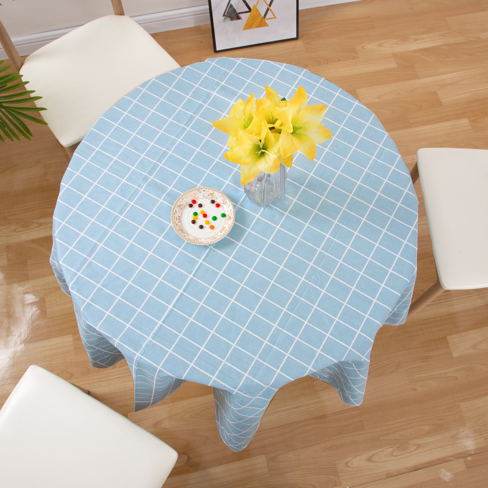 RAY STAR Vinyl Blue Checker Tablecloth With Flannel Backing Round and Rectangle
